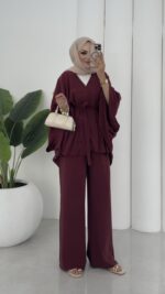 Hollywood Taşlı Kimono İkili Takım - Mürdüm - Görsel 2