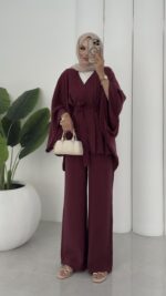 Hollywood Taşlı Kimono İkili Takım - Mürdüm - Görsel 5