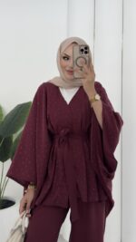 Hollywood Taşlı Kimono İkili Takım - Mürdüm - Görsel 7