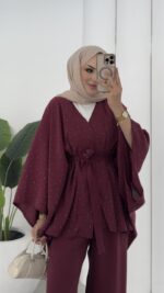 Hollywood Taşlı Kimono İkili Takım - Mürdüm - Görsel 6