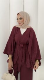 Hollywood Taşlı Kimono İkili Takım - Mürdüm - Görsel 15