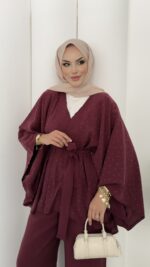 Hollywood Taşlı Kimono İkili Takım - Mürdüm - Görsel 14