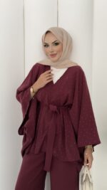 Hollywood Taşlı Kimono İkili Takım - Mürdüm - Görsel 13