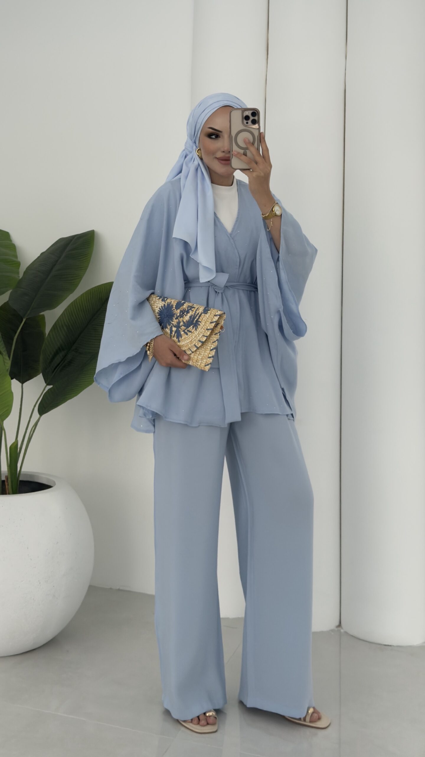 Hollywood Taşlı Kimono İkili Takım - Mavi
