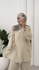 Sofia Yandan Bağlamalı İkili Takım - Bej - Görsel 16