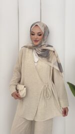 Sofia Yandan Bağlamalı İkili Takım - Bej - Görsel 9