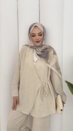 Sofia Yandan Bağlamalı İkili Takım - Bej - Görsel 7