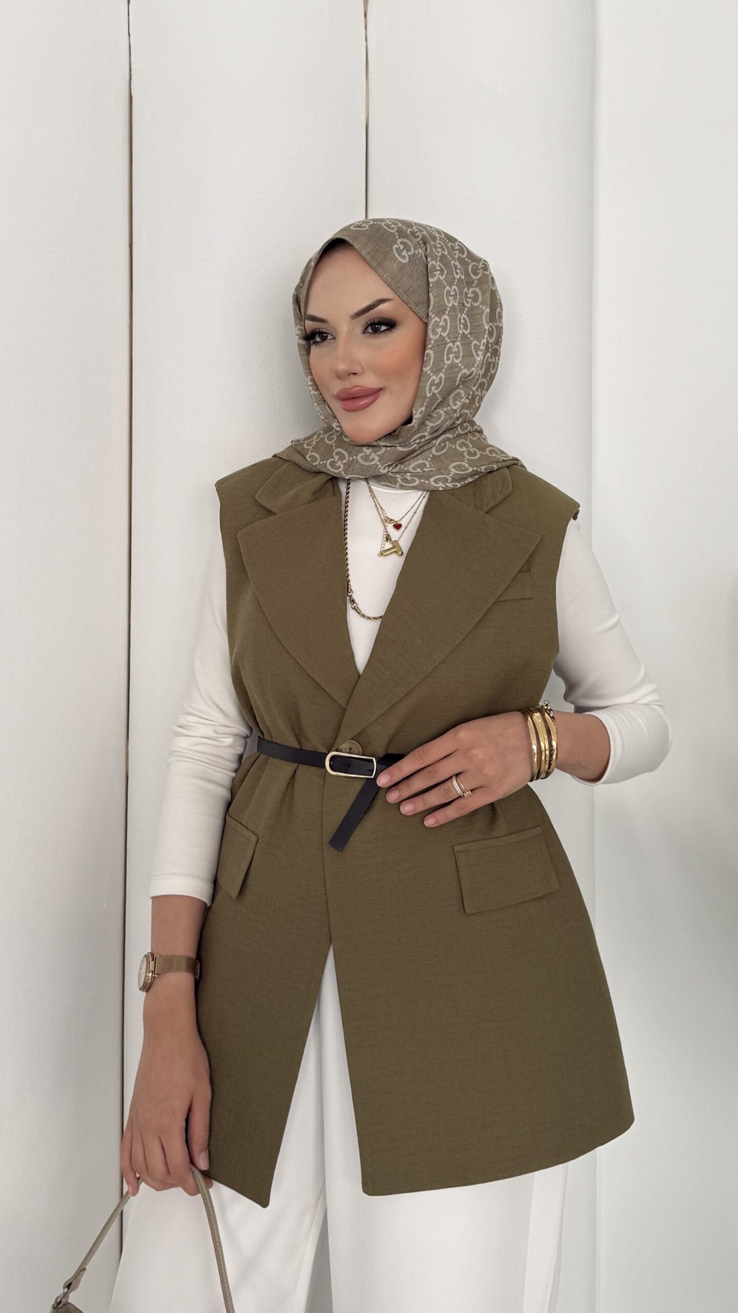Marka Muadil Kemerli Keten Yelek - Haki