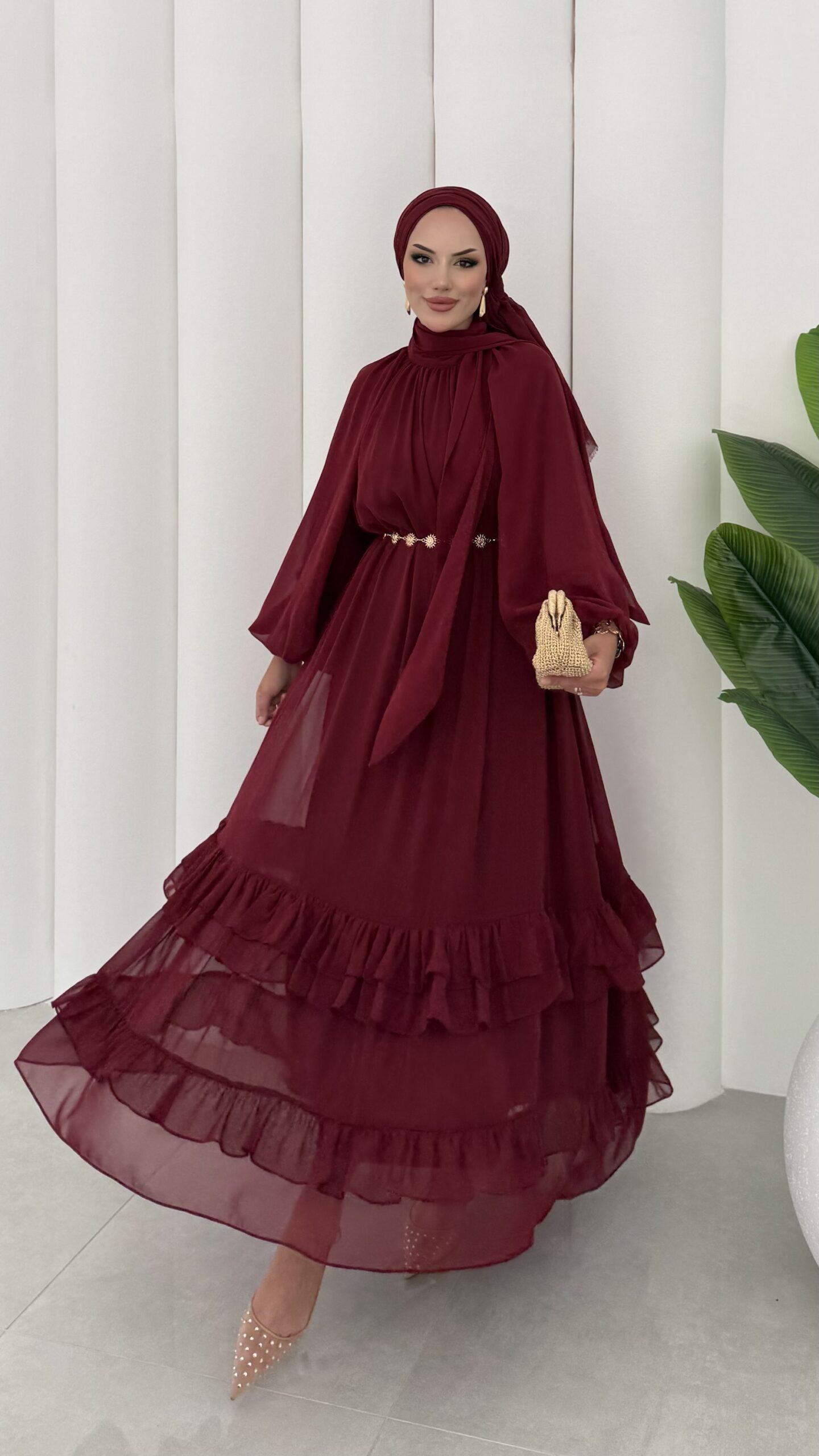 Aura Premium Şifon Elbise - Bordo