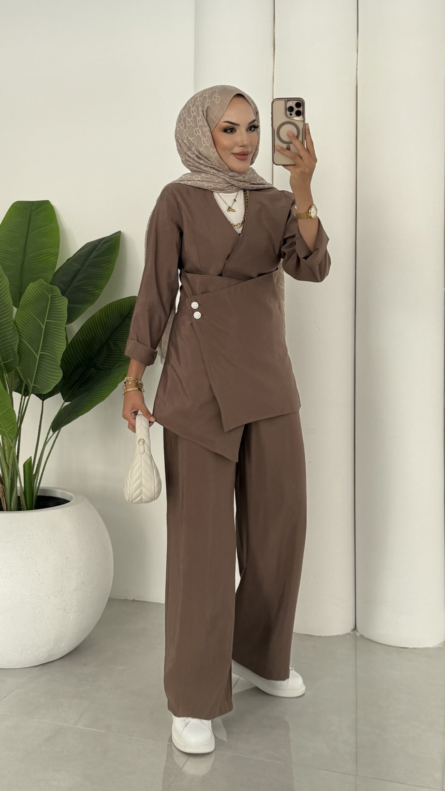 Fashion Premium Taşlı İkli Takım - Kahverengi