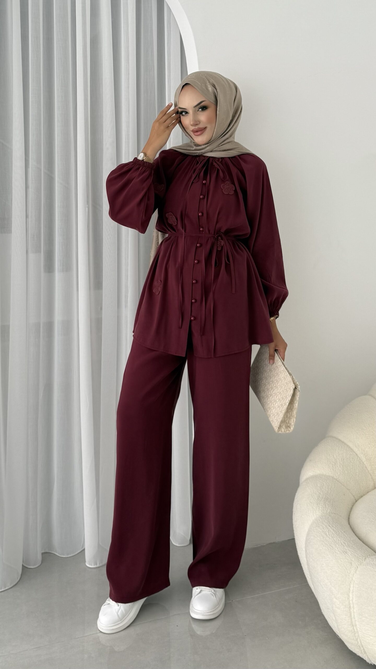 Flower Premium Tensel İkili Takım - Bordo