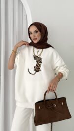 Leopar Nakışlı Şardonlu İkili Takım - Beyaz - Görsel 7