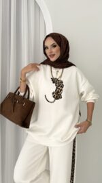 Leopar Nakışlı Şardonlu İkili Takım - Beyaz - Görsel 6