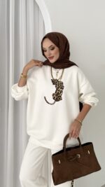 Leopar Nakışlı Şardonlu İkili Takım - Beyaz - Görsel 8