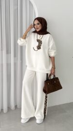 Leopar Nakışlı Şardonlu İkili Takım - Beyaz - Görsel 3