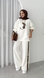 Leopar Nakışlı Şardonlu İkili Takım - Beyaz - Görsel 4