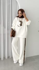 Leopar Nakışlı Şardonlu İkili Takım - Beyaz - Görsel 5