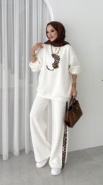 Leopar Nakışlı Şardonlu İkili Takım - Beyaz