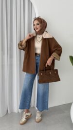 Muadil Kürk Yaka Kaşe Ceket - Kahverengi - Görsel 5