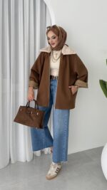 Muadil Kürk Yaka Kaşe Ceket - Kahverengi - Görsel 6