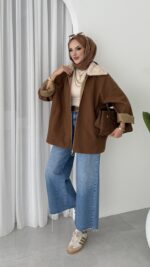 Muadil Kürk Yaka Kaşe Ceket - Kahverengi - Görsel 4