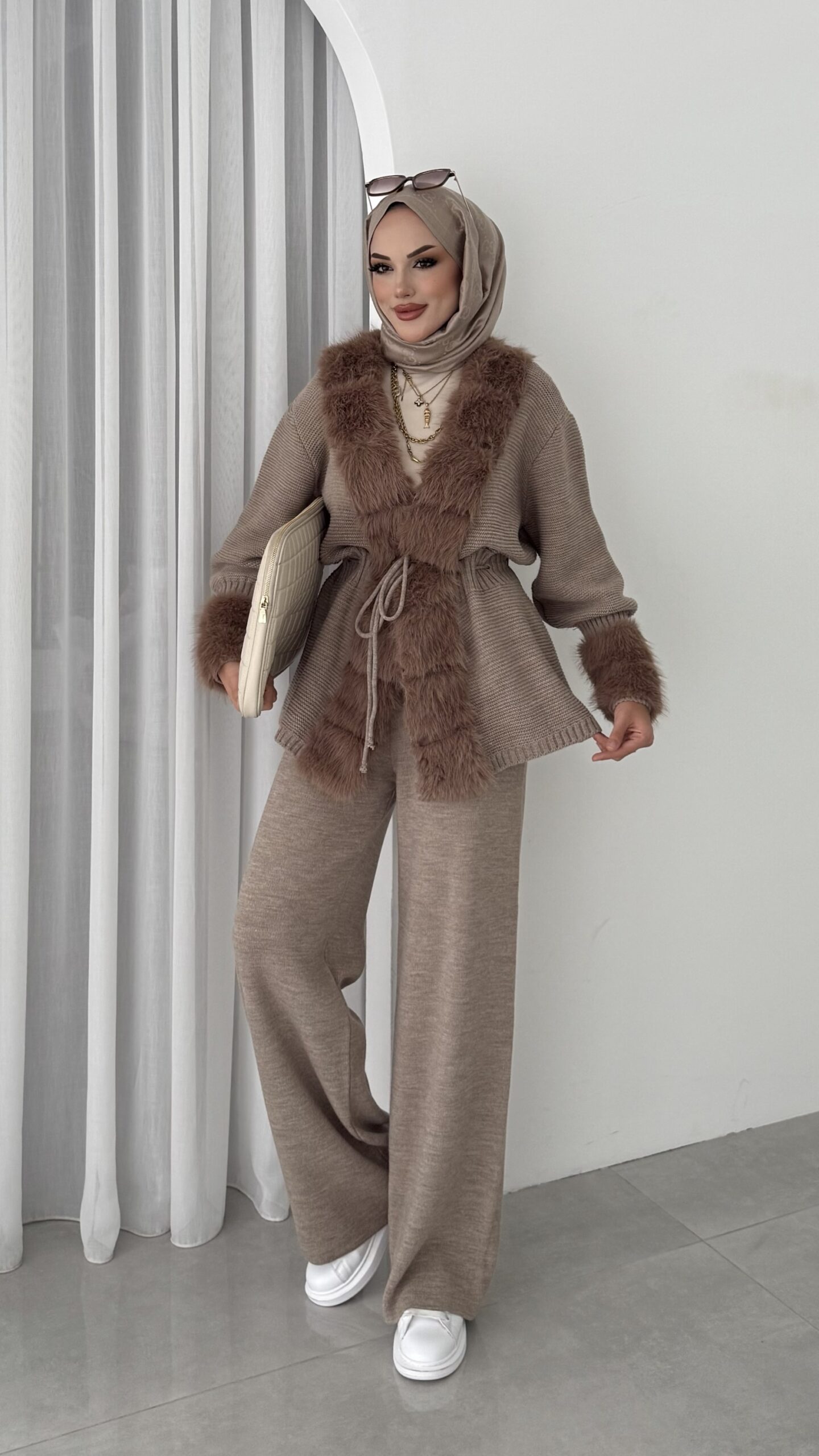 Angora Kürklü Triko İkili Takım - Latte