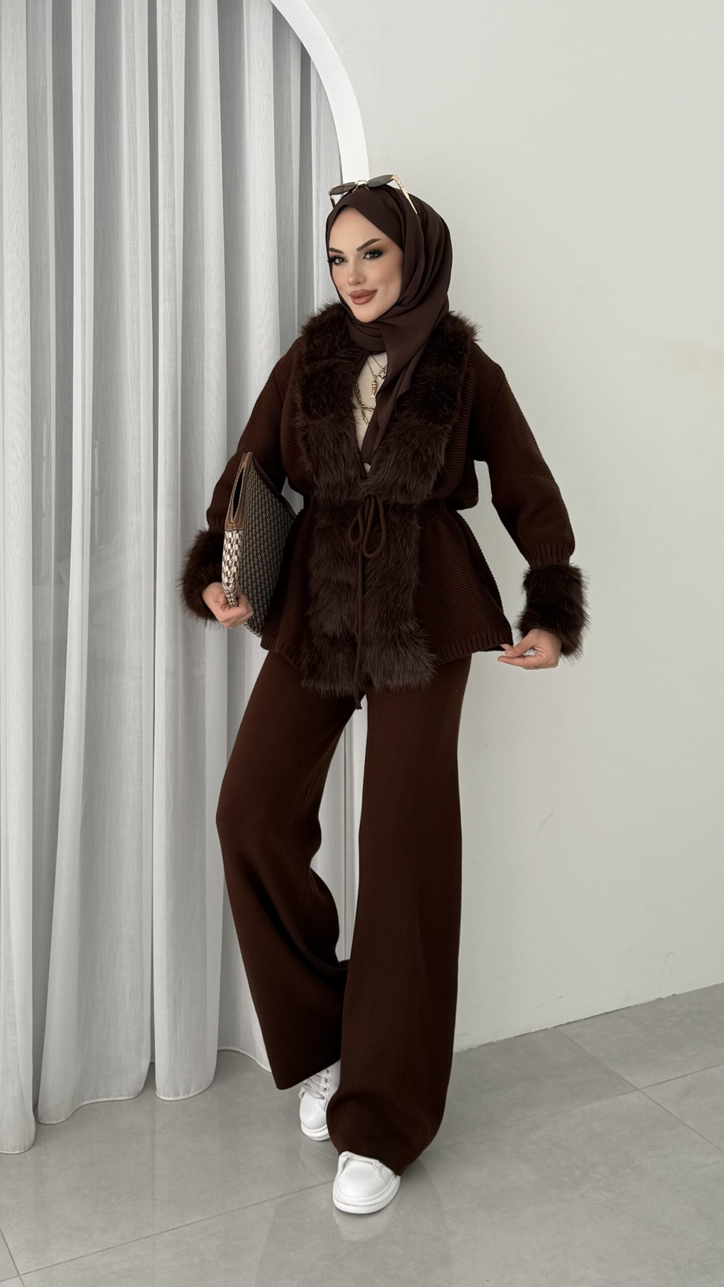Angora Kürklü Triko İkili Takım - Kahverengi