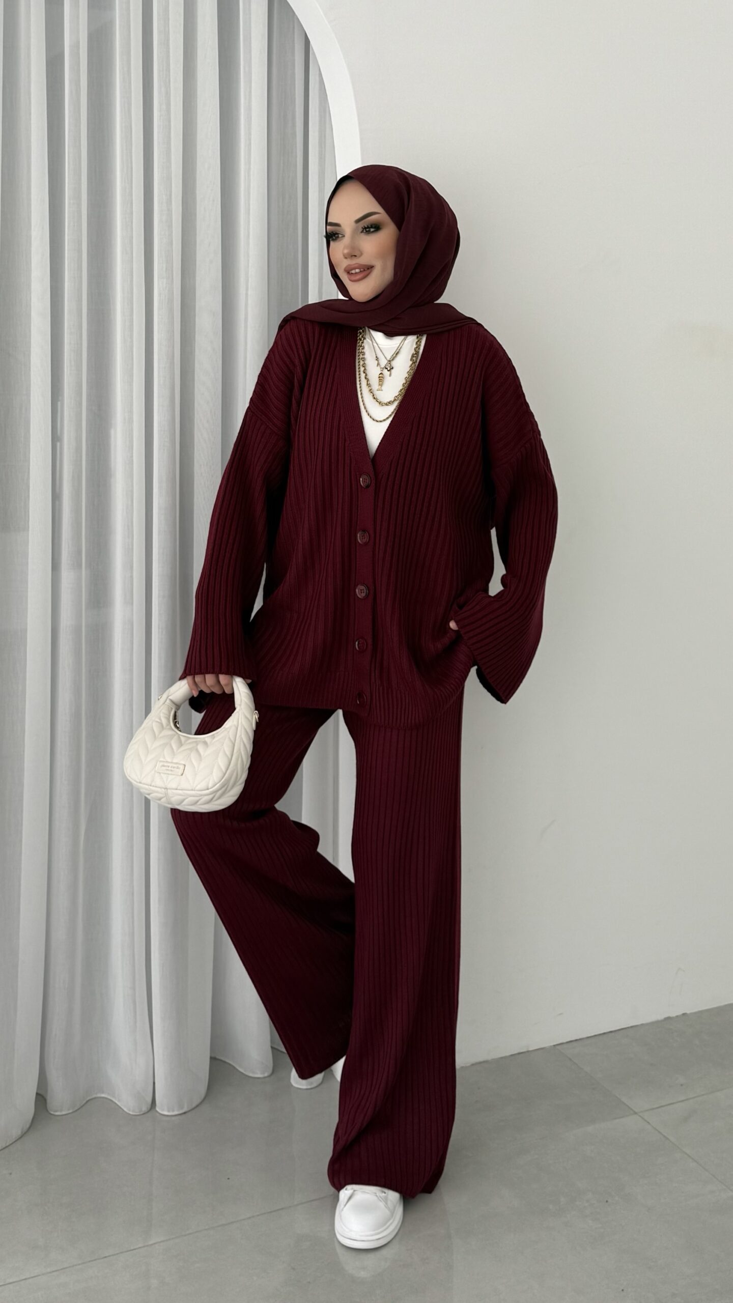 Premium Fitilli Triko İkili Takım - Bordo