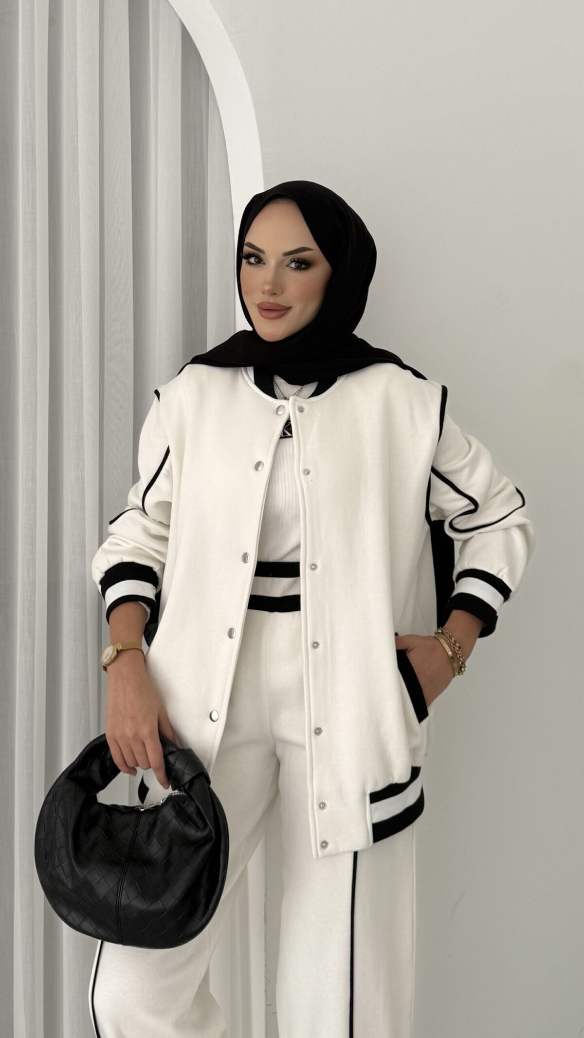 Collej Bomber Şeritli İkili Takım - Beyaz - Görsel 8