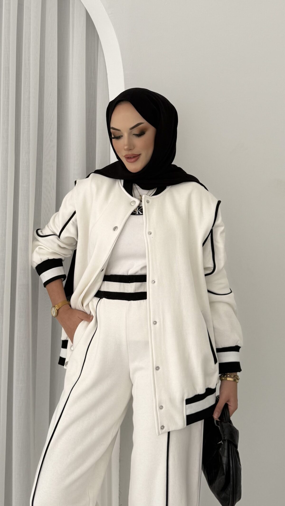 Collej Bomber Şeritli İkili Takım - Beyaz - Görsel 4
