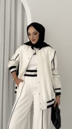 Collej Bomber Şeritli İkili Takım - Beyaz - Görsel 4