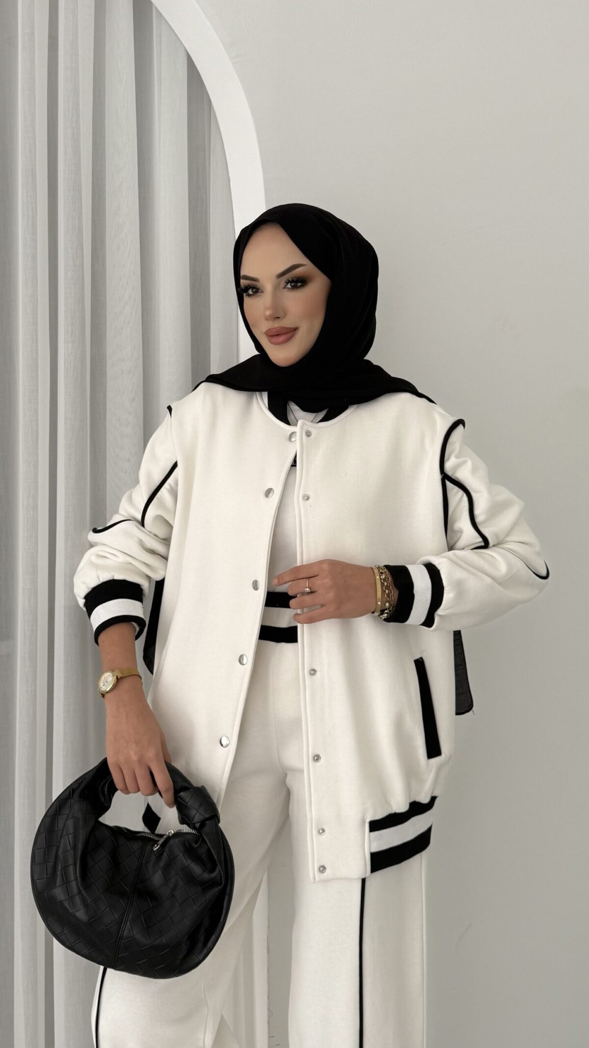 Collej Bomber Şeritli İkili Takım - Beyaz - Görsel 6