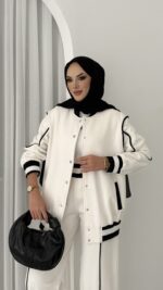 Collej Bomber Şeritli İkili Takım - Beyaz - Görsel 6