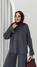 Premium Oysho Palazzo İkili Takım - Antrasit - Görsel 5