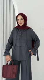 Premium Oysho Palazzo İkili Takım - Antrasit - Görsel 8