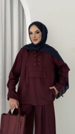 Premium Oysho Palazzo İkili Takım - Bordo - Görsel 7