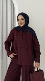 Premium Oysho Palazzo İkili Takım - Bordo - Görsel 6