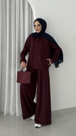 Premium Oysho Palazzo İkili Takım - Bordo - Görsel 2