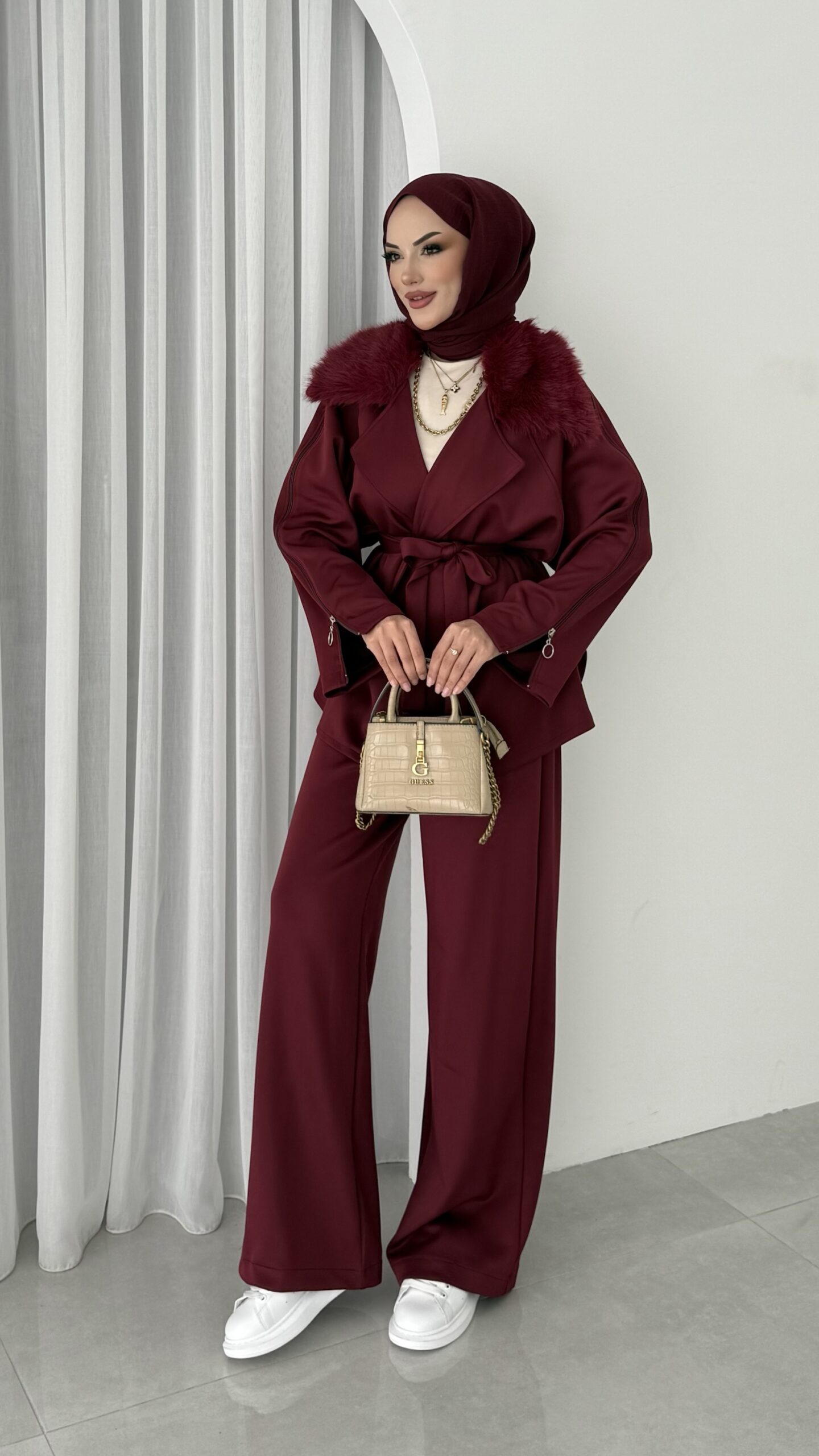 Elegant Kürklü Puf Scuba İkili Takım - Bordo