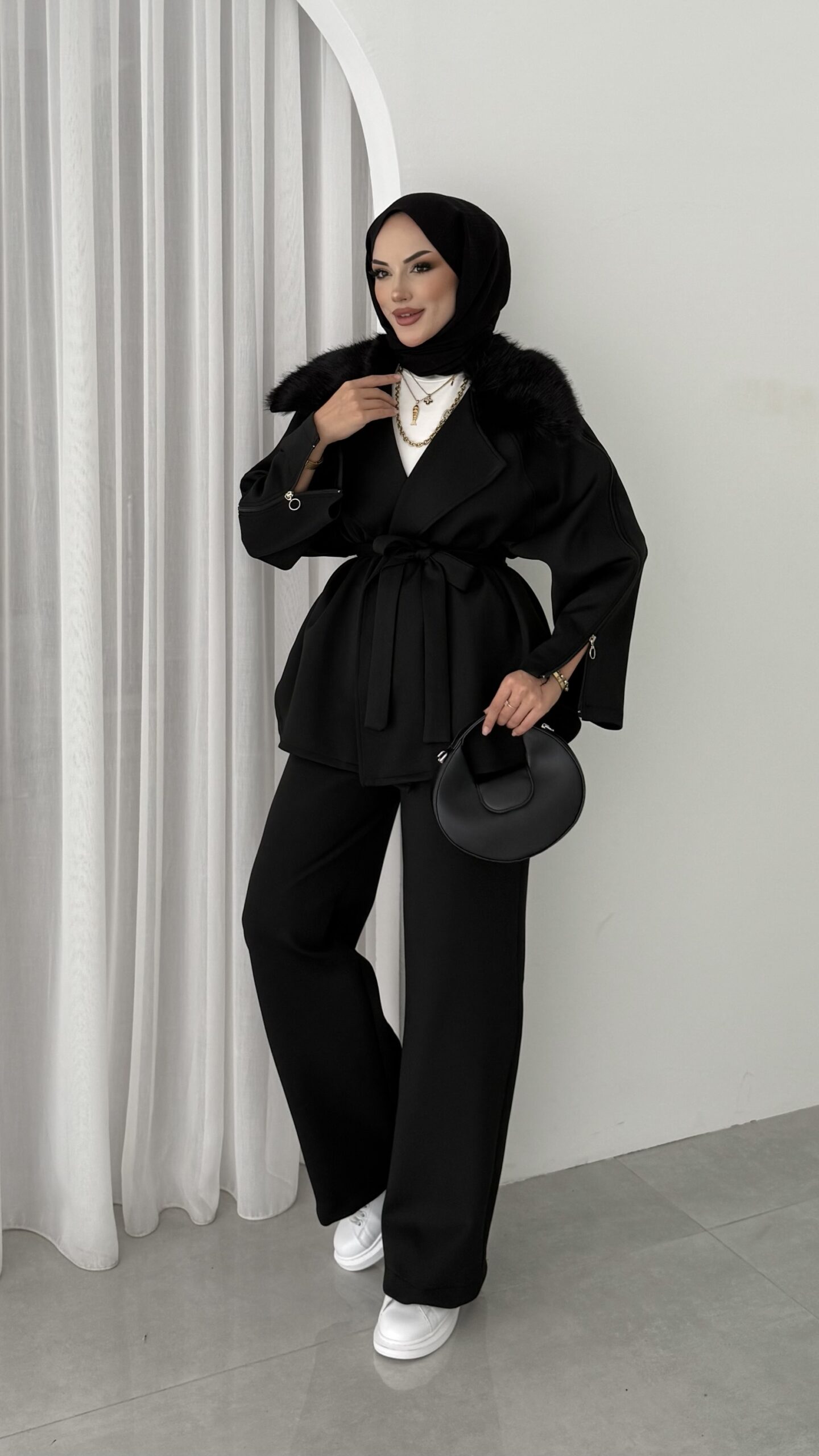 Elegant Kürklü Puf Scuba İkili Takım - Siyah