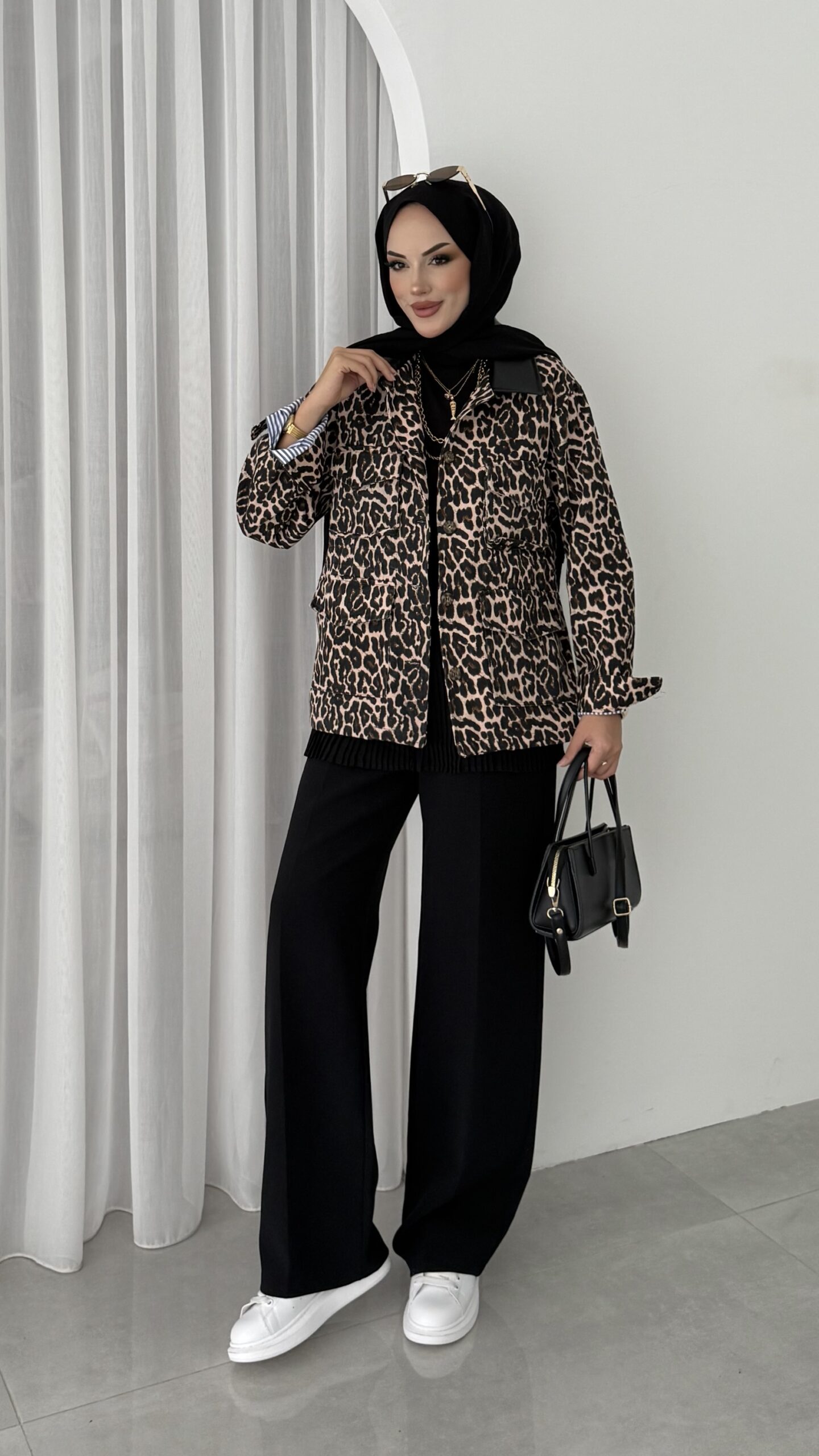 Muadil Leopar Desen Gabardin Mom Ceket