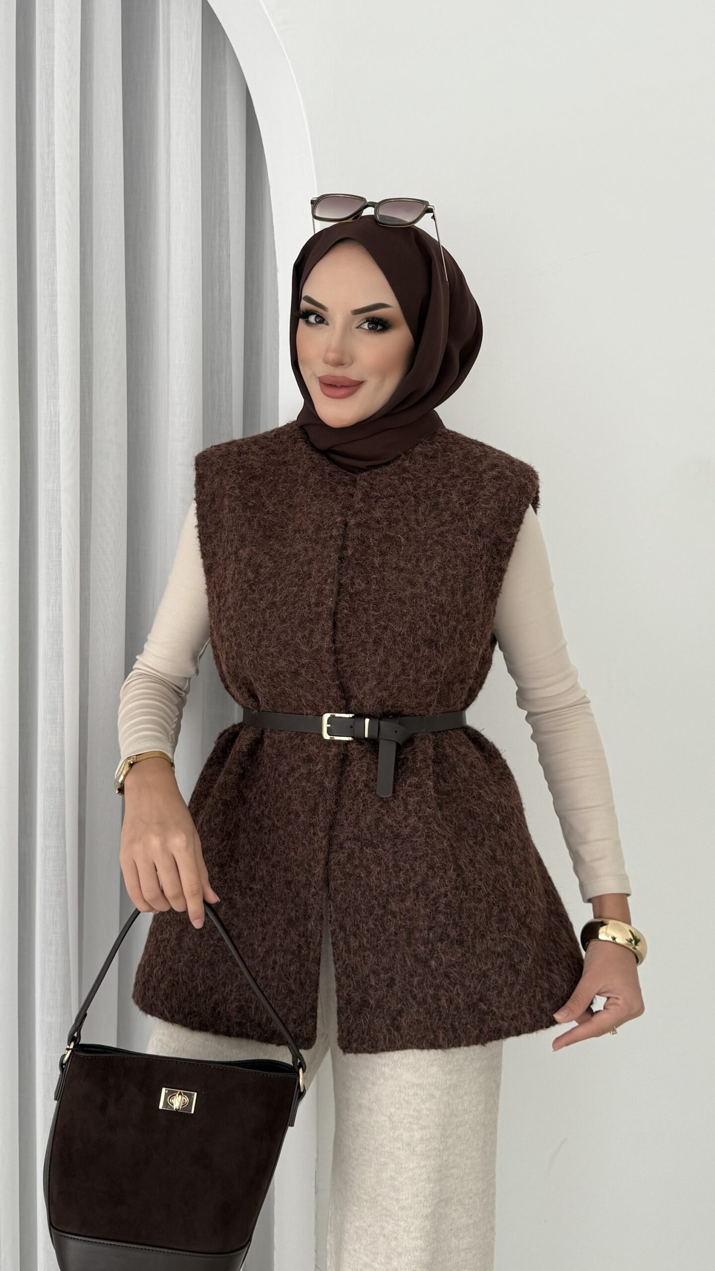 Premium Kılçıklı Kaşe Kemerli Yelek - Kahverengi