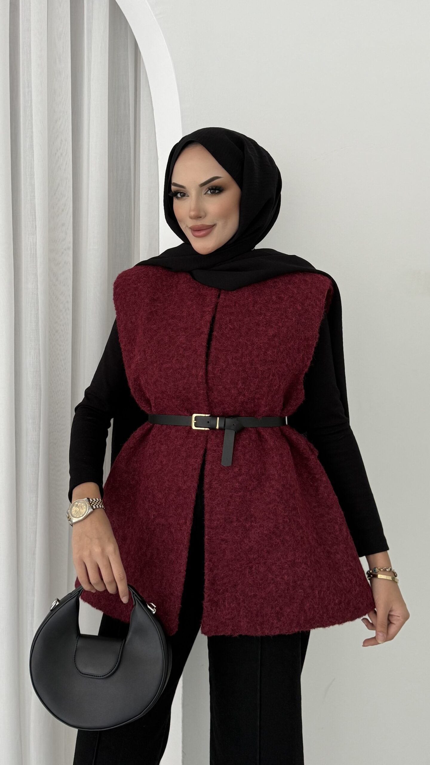 Premium Kılçıklı Kaşe Kemerli Yelek - Bordo
