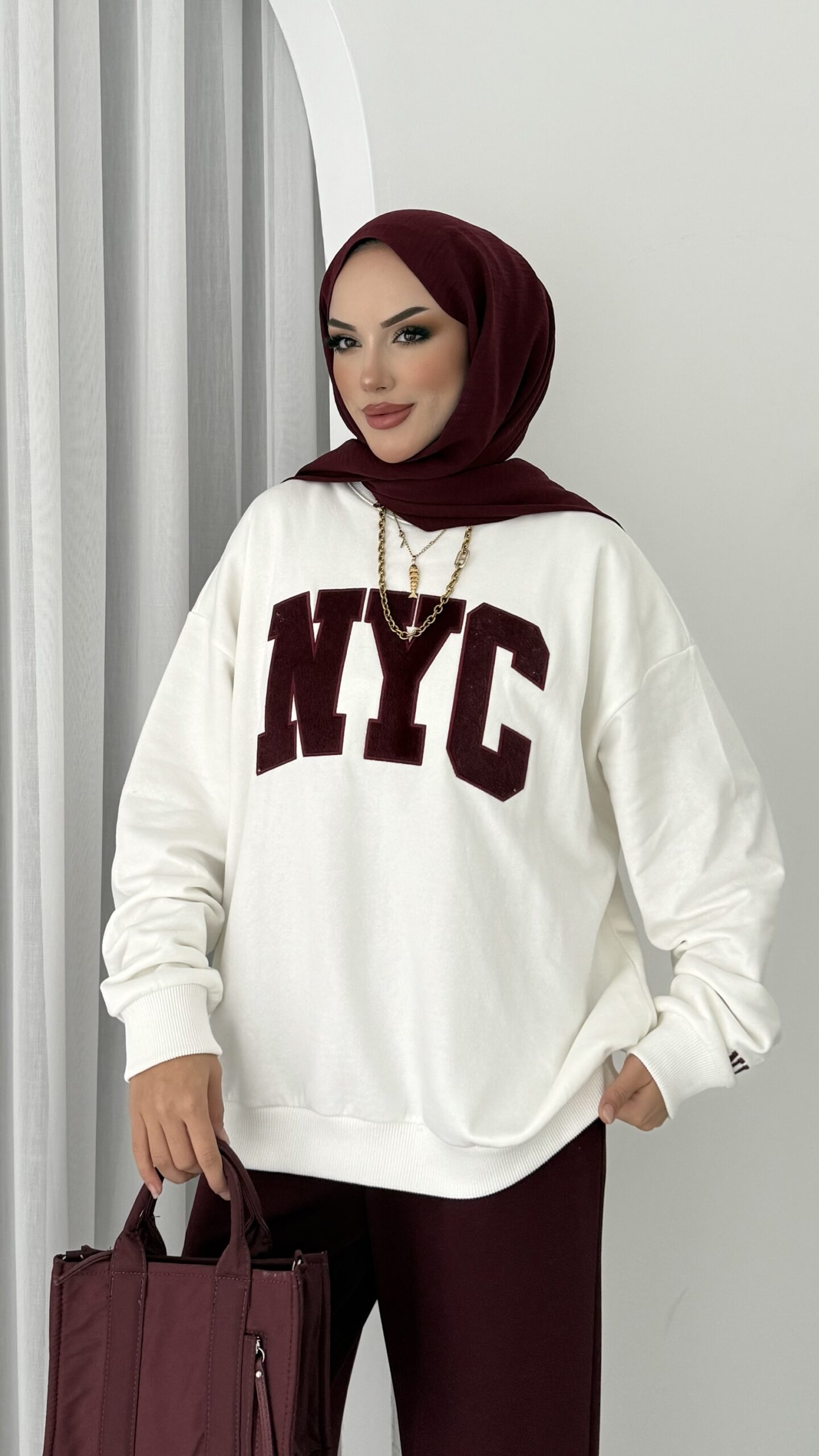 Nyc Şardonlu Sweat - Bordo