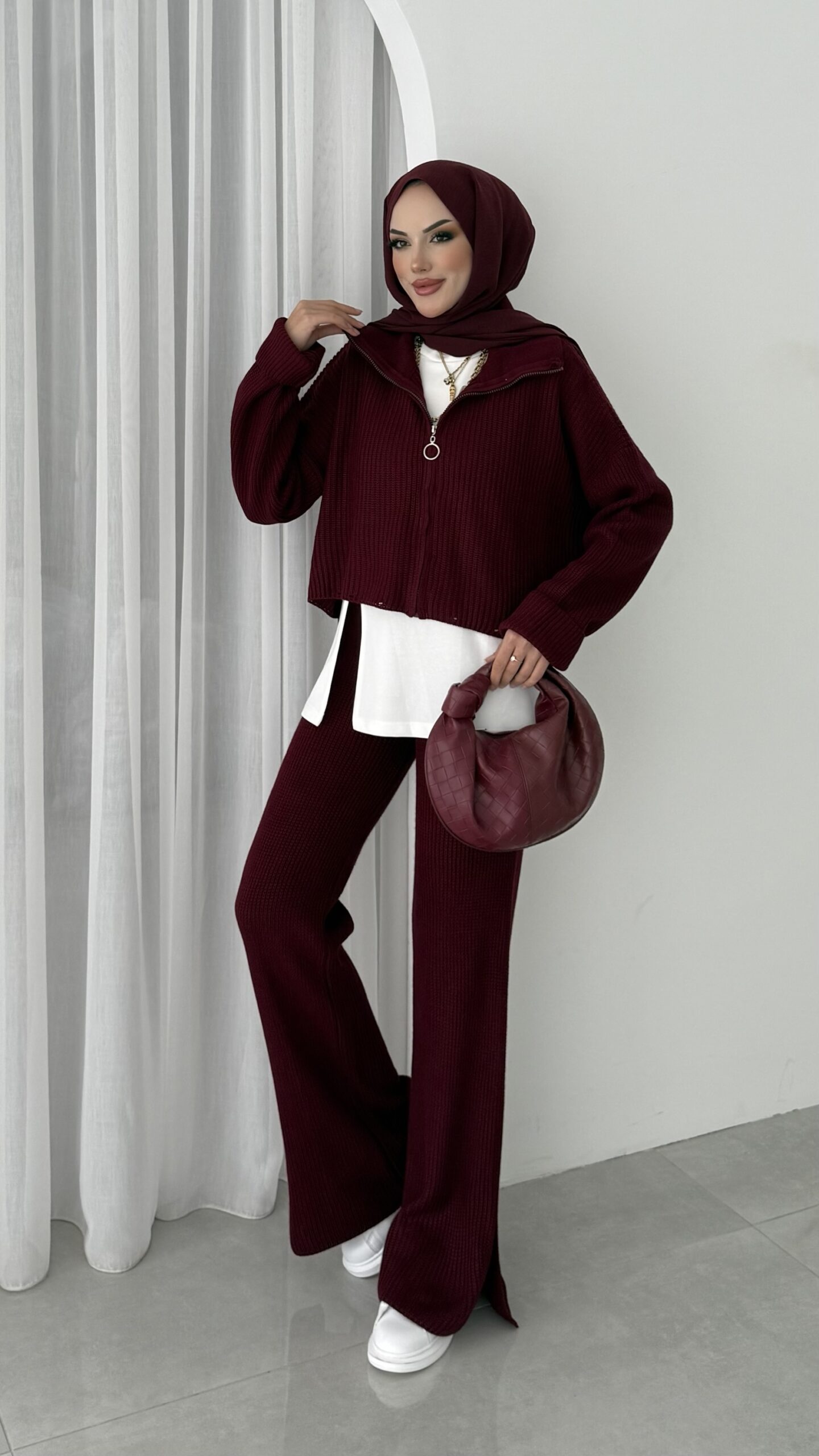 Crop İçlikli Triko Takım - Bordo