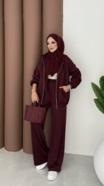 Fashion Taşlı Bomber İkili Takım - Bordo