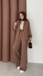 Fashion Taşlı Bomber İkili Takım - Kahverengi