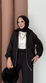 Fashion Taşlı Bomber İkili Takım - Siyah - Görsel 5