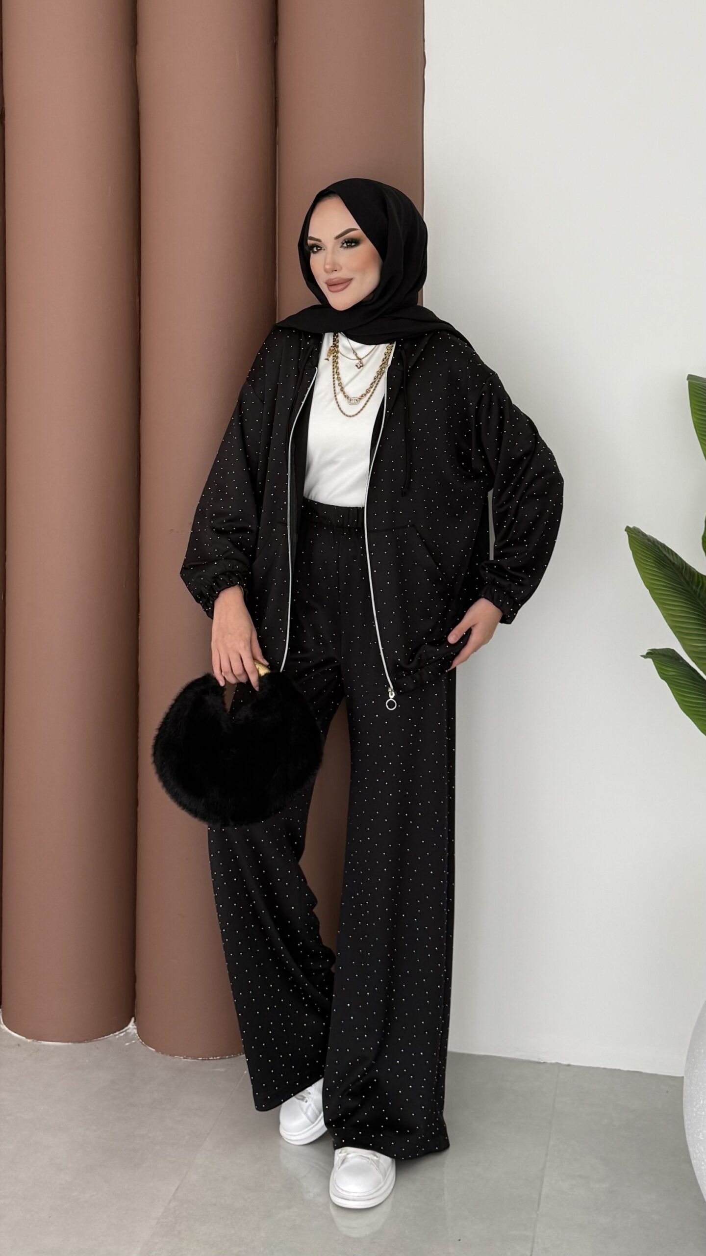 Fashion Taşlı Bomber İkili Takım - Siyah