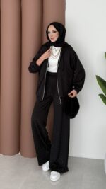 Fashion Taşlı Bomber İkili Takım - Siyah - Görsel 2